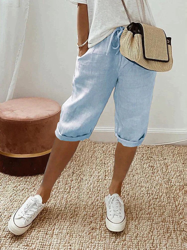 Effortless Linen Bermuda Shorts for Women with High Waist Drawstring Rolled Cuff Casual Style