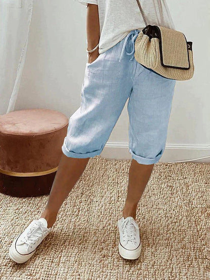 Effortless Linen Bermuda Shorts for Women with High Waist Drawstring Rolled Cuff Casual Style