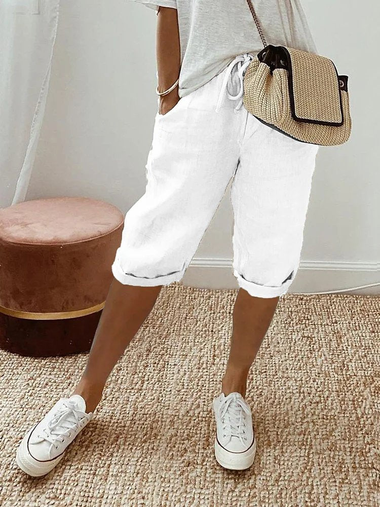 Effortless Linen Bermuda Shorts for Women with High Waist Drawstring Rolled Cuff Casual Style