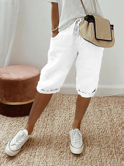 Effortless Linen Bermuda Shorts for Women with High Waist Drawstring Rolled Cuff Casual Style