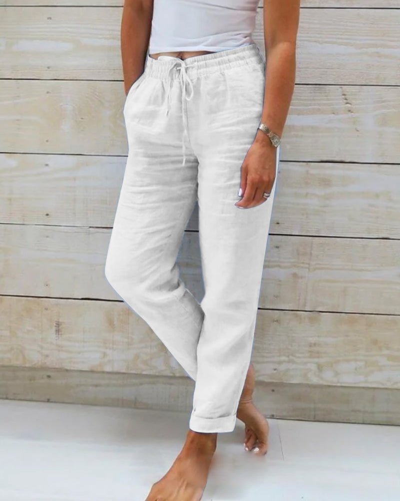 Effortless Linen Pants for Women with High Waist Drawstring Tapered Relaxed Flowing Casual Style