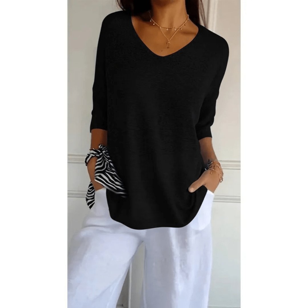 Effortless Black Top for Women with V Neck Elbow Sleeve Oversized Relaxed Style
