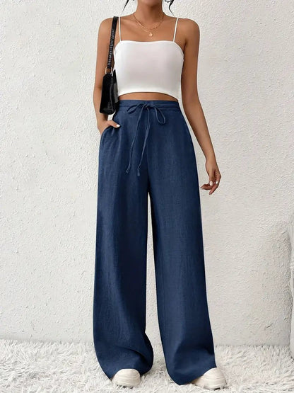 Effortless Linen Pants for Women with High Waist Drawstring Wide Leg Flowing Casual Style