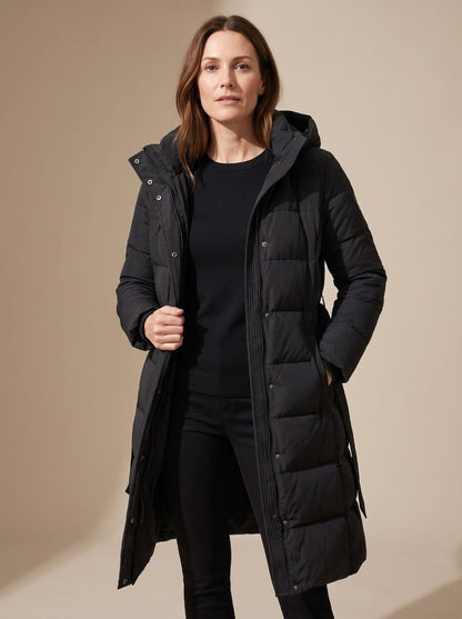 Cozy Longline Puffer Coat for Women with Hooded Collar Long Sleeve Belted Oversized Winter Style