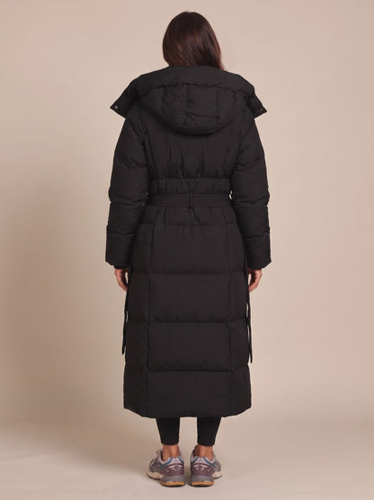 Cozy Longline Puffer Coat for Women with Hooded Collar Long Sleeve Belted Oversized Winter Style