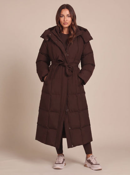 Cozy Longline Puffer Coat for Women with Hooded Collar Long Sleeve Belted Oversized Winter Style