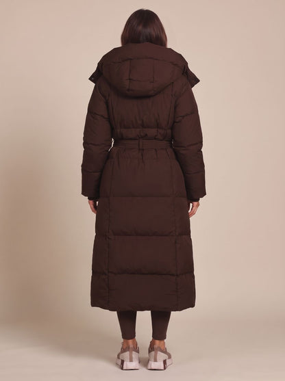 Cozy Longline Puffer Coat for Women with Hooded Collar Long Sleeve Belted Oversized Winter Style