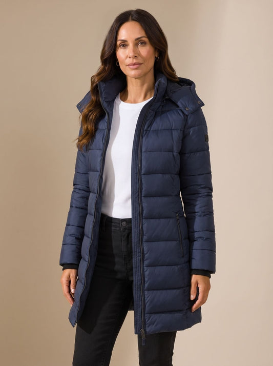 Cozy Quilted Puffer Coat for Women with Hooded Collar Long Sleeve Insulated Zip Winter Style