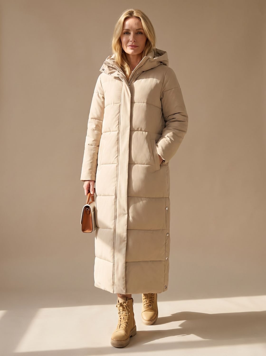 Cozy Maxi Puffer Coat for Women with Hooded Collar Long Sleeve Quilted Insulated Winter Style