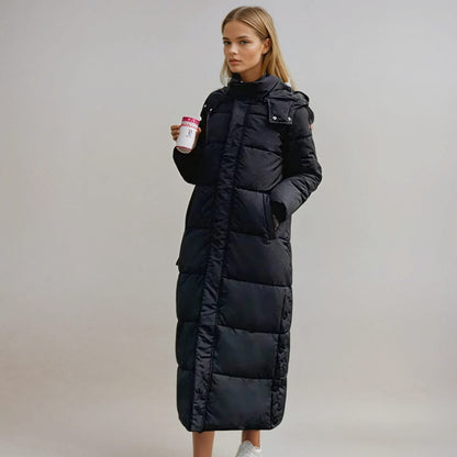 Cozy Maxi Puffer Coat for Women with Hooded Collar Long Sleeve Quilted Insulated Winter Style
