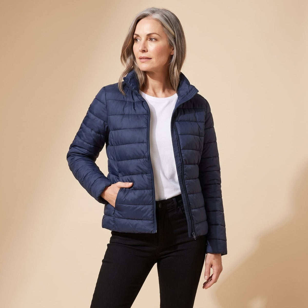 Cozy Navy Puffer Jacket for Women with Hooded Collar Zip Up Quilted Longline Winter Coat Style