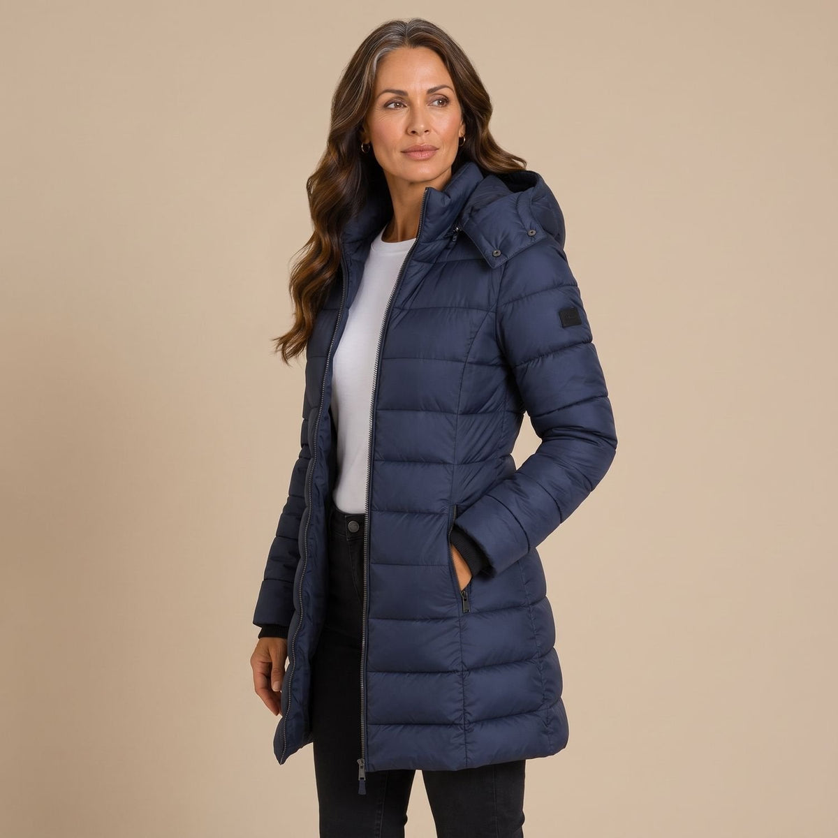 Cozy Navy Puffer Jacket for Women with Hooded Collar Zip Up Quilted Longline Winter Coat Style