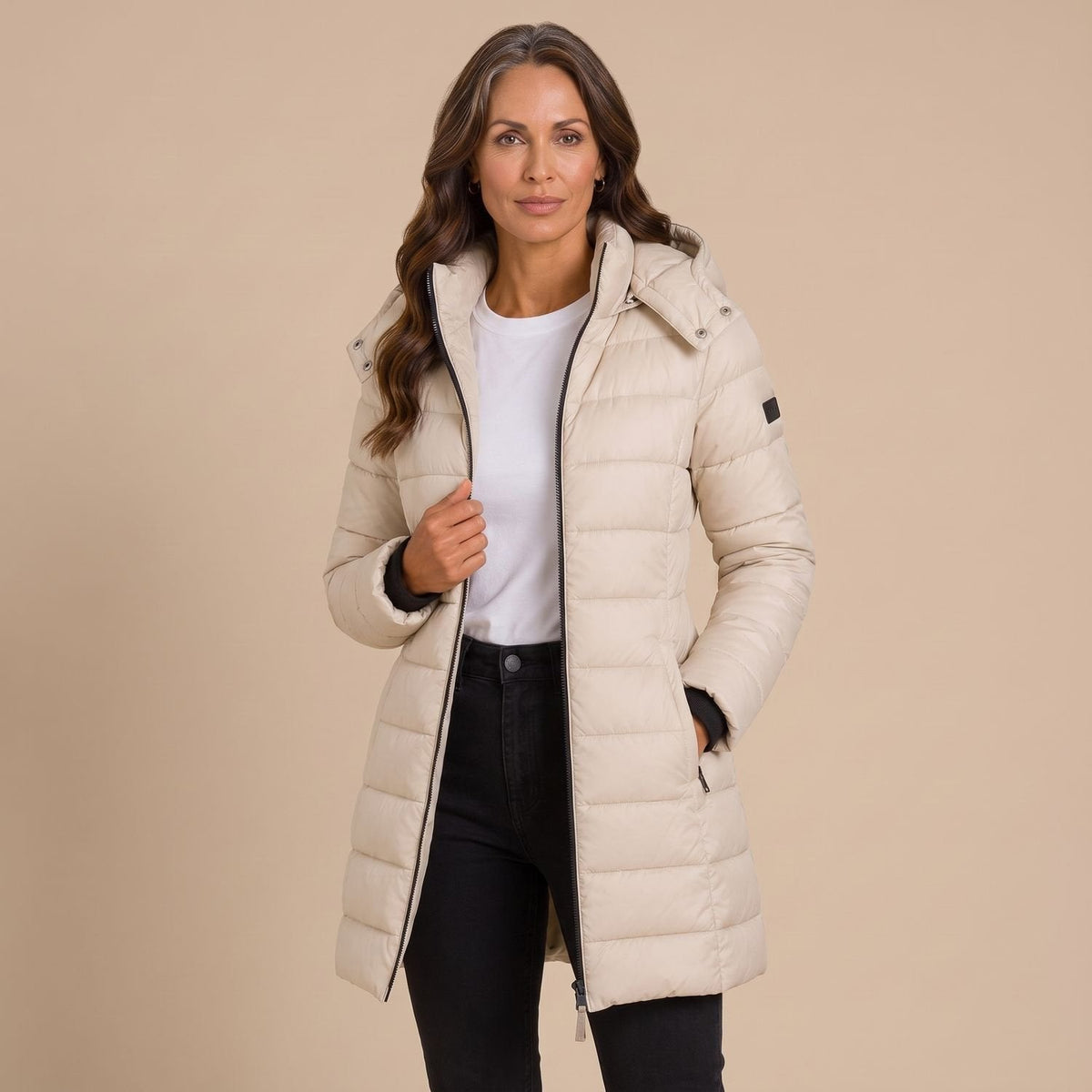 Cozy Navy Puffer Jacket for Women with Hooded Collar Zip Up Quilted Longline Winter Coat Style
