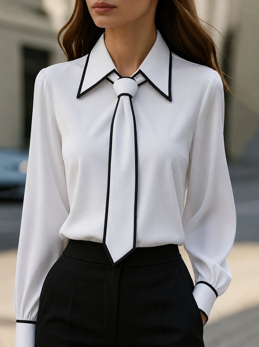 Stylish Blouses for Women with Long Sleeve Contrast Trim Tie Neck Button-Down