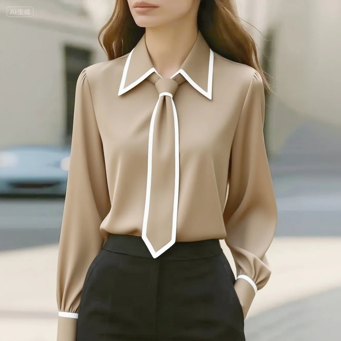 Stylish Blouses for Women with Long Sleeve Contrast Trim Tie Neck Button-Down