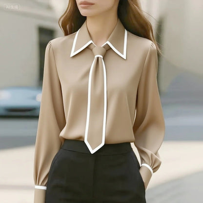Stylish Blouses for Women with Long Sleeve Contrast Trim Tie Neck Button-Down