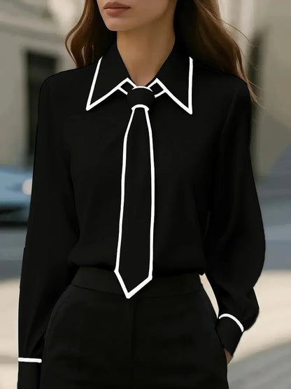 Stylish Blouses for Women with Long Sleeve Contrast Trim Tie Neck Button-Down