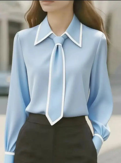 Stylish Blouses for Women with Long Sleeve Contrast Trim Tie Neck Button-Down