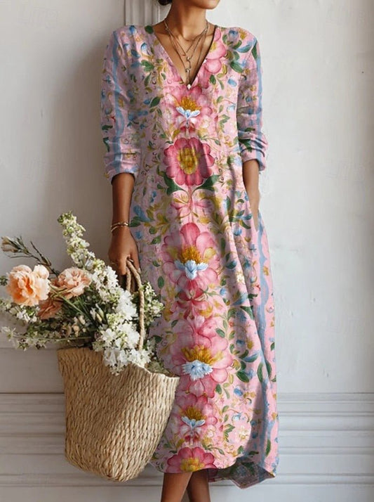 Effortless Pink Floral Maxi Dress for Women with V Neck Elbow Sleeve Wrap Flowing Bohemian Style