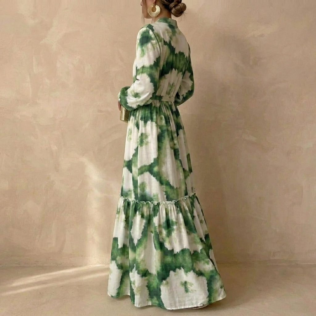Effortless Green Dress for Women with V Neck Long Sleeve Tie Dye Maxi Tiered Bohemian Style