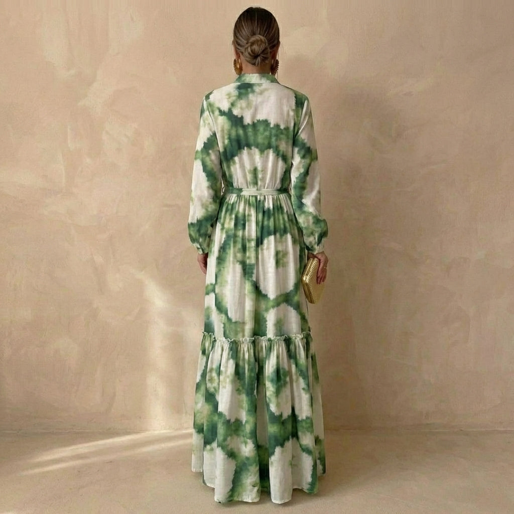 Effortless Green Dress for Women with V Neck Long Sleeve Tie Dye Maxi Tiered Bohemian Style