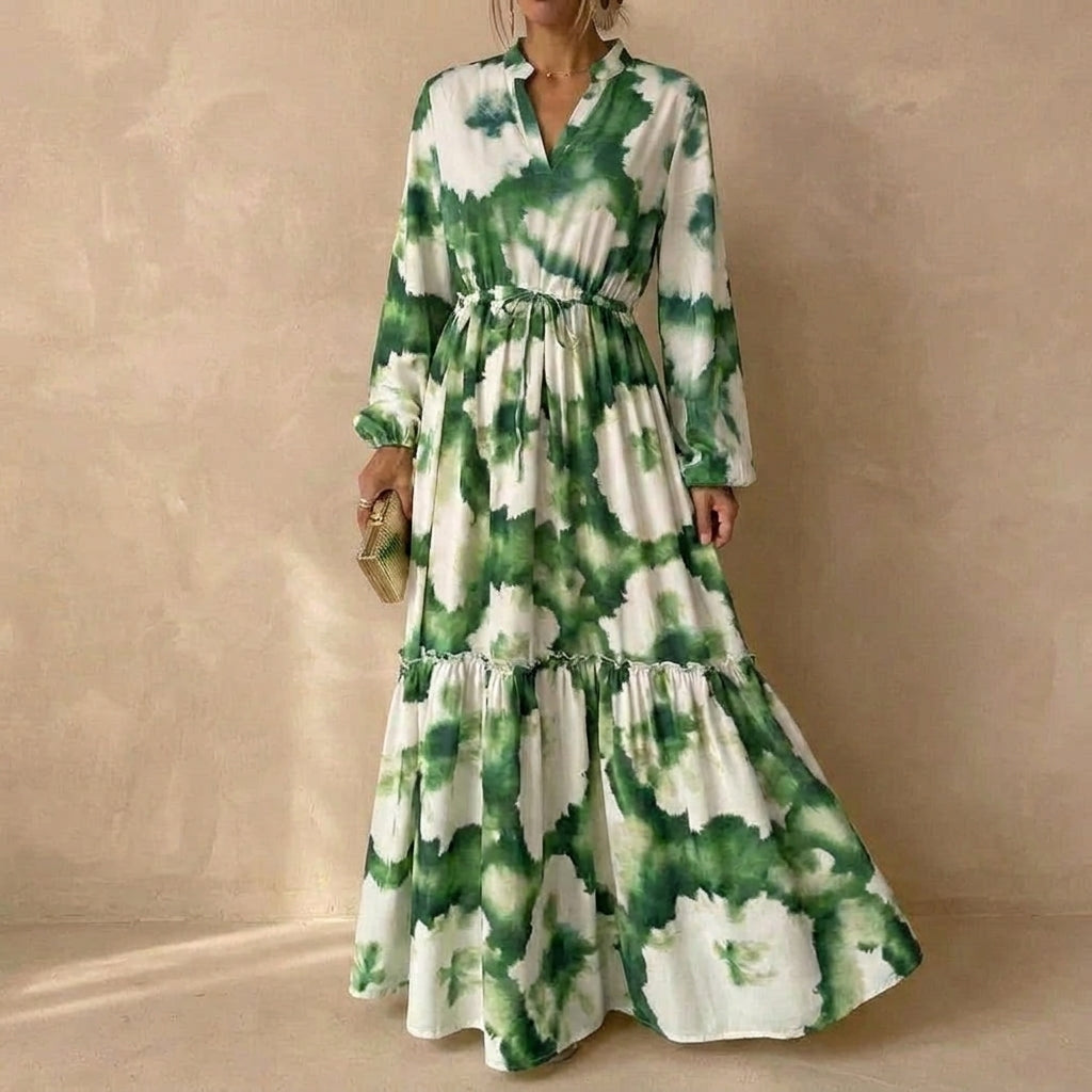 Effortless Green Dress for Women with V Neck Long Sleeve Tie Dye Maxi Tiered Bohemian Style
