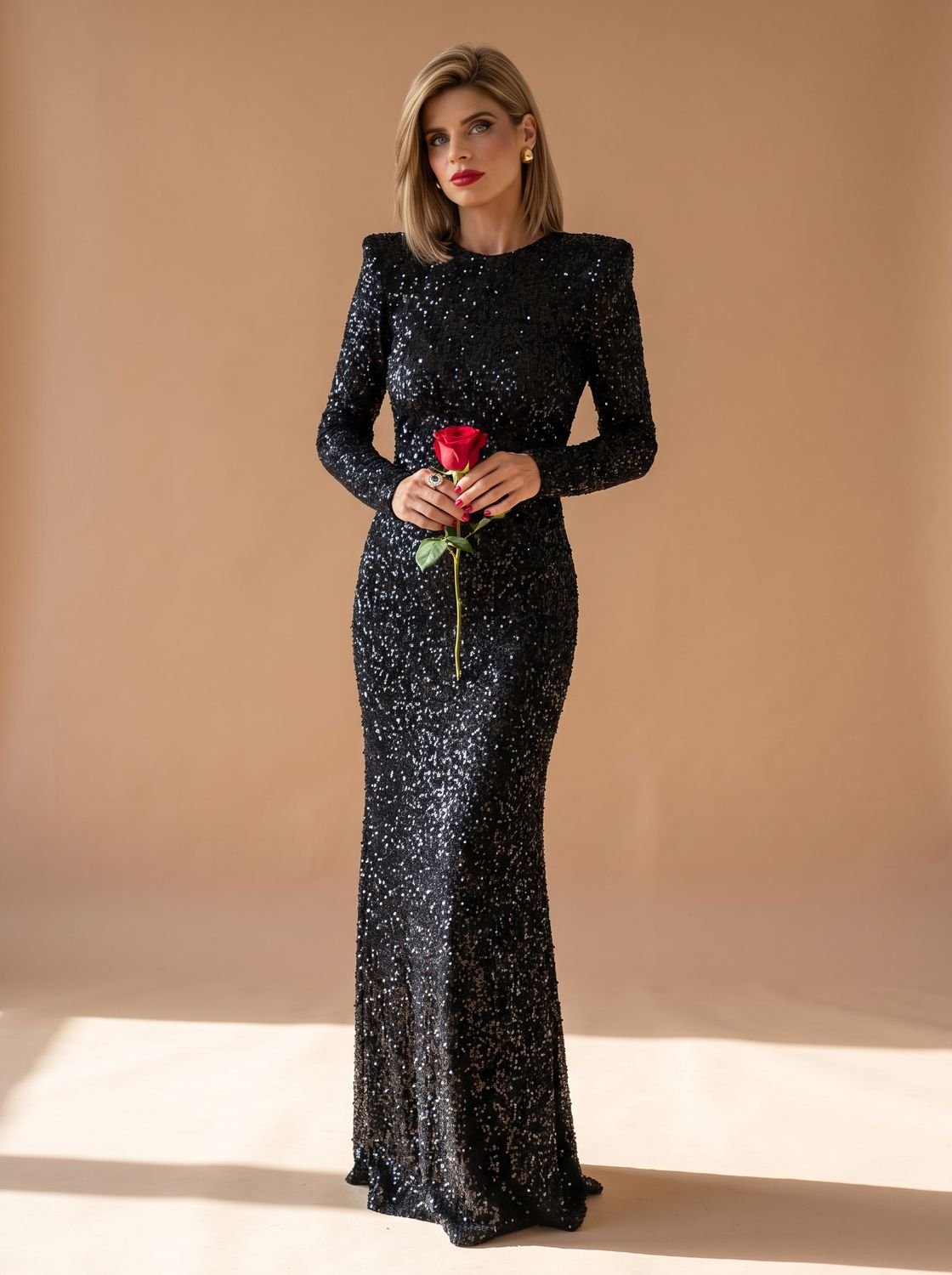 Elegant Black Sequin Wedding Guest Gown for Women with Long Sleeve Open Back Floor-Length Black-Tie Style