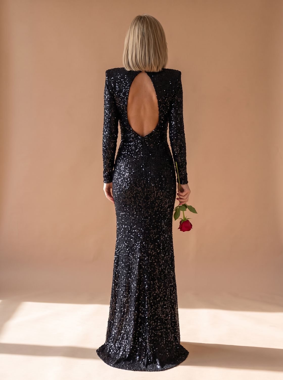 Elegant Black Sequin Wedding Guest Gown for Women with Long Sleeve Open Back Floor-Length Black-Tie Style