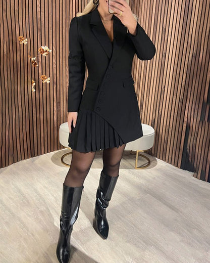Elegant Tailored Blazer Formal Dress for Women with Lapel Collar Long Sleeve Pleated Hem Cocktail Style