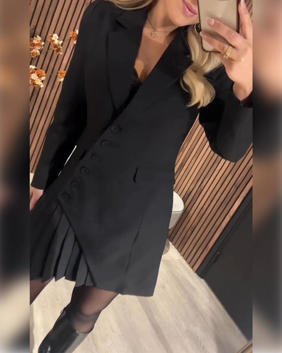 Elegant Tailored Blazer Formal Dress for Women with Lapel Collar Long Sleeve Pleated Hem Cocktail Style