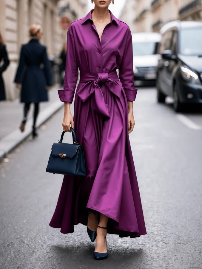 Elegant Satin Maxi Dress for Women with Collared Neck Long Sleeve Belted Formal Style