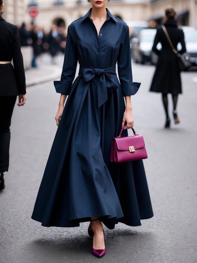 Elegant Satin Maxi Dress for Women with Collared Neck Long Sleeve Belted Formal Style