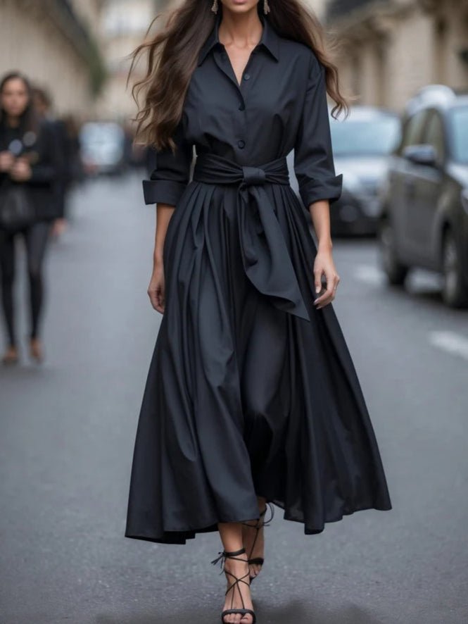 Elegant Satin Maxi Dress for Women with Collared Neck Long Sleeve Belted Formal Style