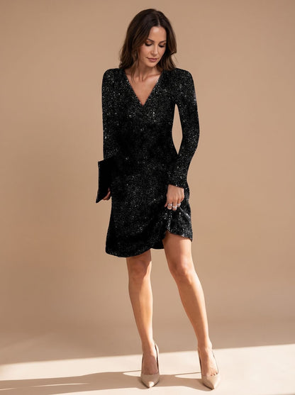 Elegant Sequin Cocktail Mini Dress for Women with V-Neck Long Sleeve Wrap Bodycon Holiday Party Style