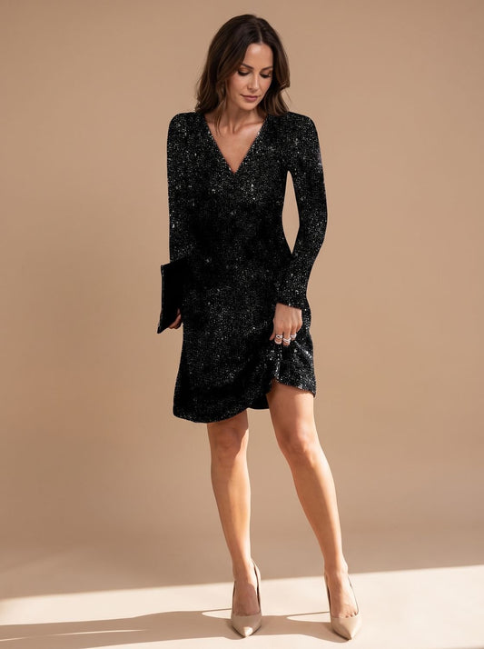 Elegant Sequin Cocktail Mini Dress for Women with V-Neck Long Sleeve Wrap Bodycon Holiday Party Style