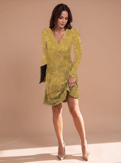 Elegant Sequin Cocktail Mini Dress for Women with V-Neck Long Sleeve Wrap Bodycon Holiday Party Style