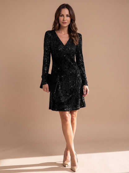 Elegant Sequin Cocktail Mini Dress for Women with V-Neck Long Sleeve Wrap Bodycon Holiday Party Style
