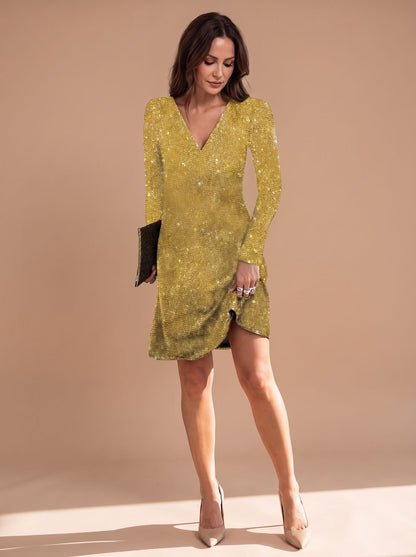 Elegant Sequin Cocktail Mini Dress for Women with V-Neck Long Sleeve Wrap Bodycon Holiday Party Style