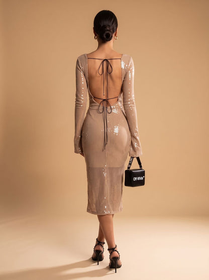 Elegant Champagne Sequin Cocktail Midi Dress for Women with Long Sleeve V-Neck Bodycon Holiday Party Style