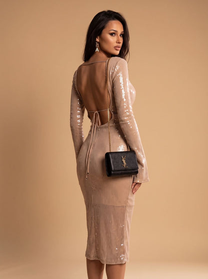 Elegant Champagne Sequin Cocktail Midi Dress for Women with Long Sleeve V-Neck Bodycon Holiday Party Style