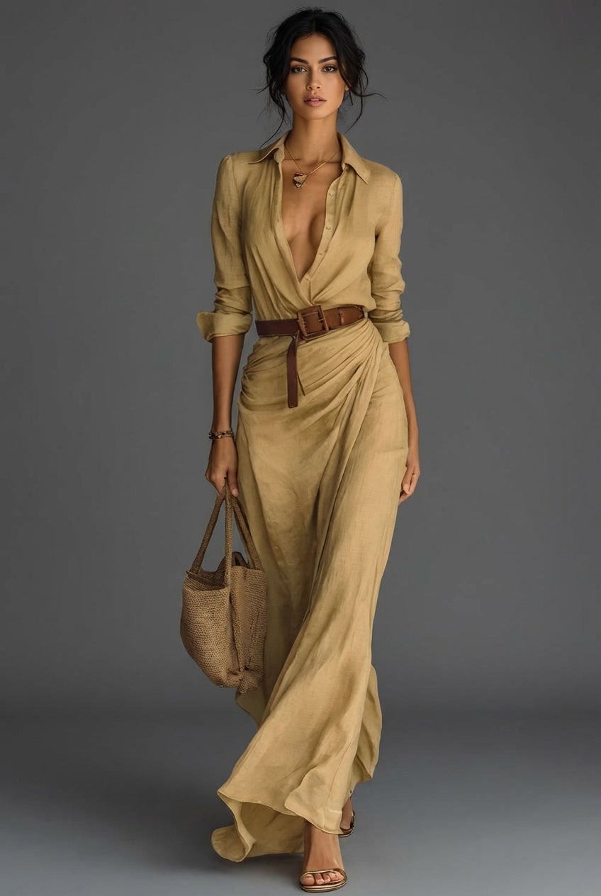 Effortless Maxi Dress for Women with V Neck Long Sleeve Belted Flowing Casual Style