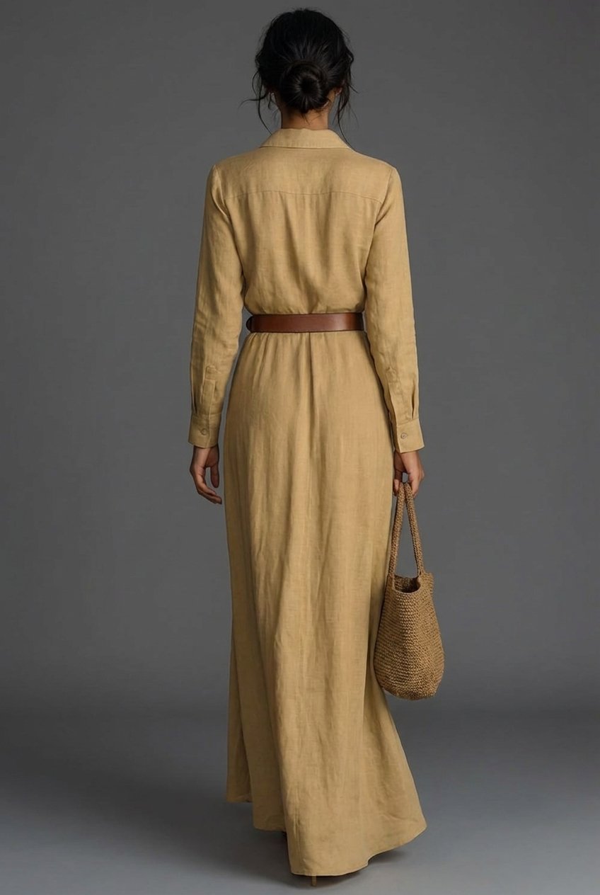 Effortless Maxi Dress for Women with V Neck Long Sleeve Belted Flowing Casual Style
