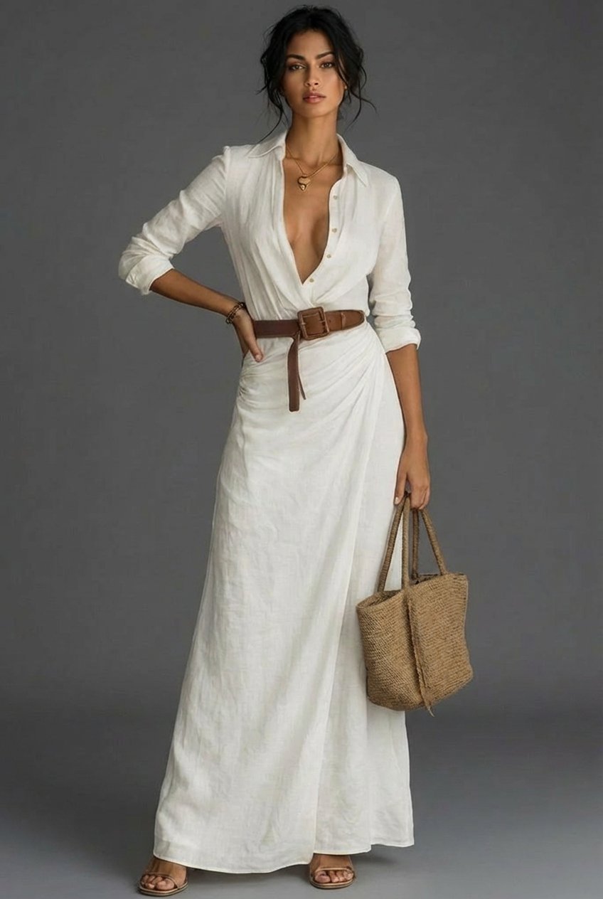Effortless Maxi Dress for Women with V Neck Long Sleeve Belted Flowing Casual Style