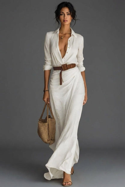 Effortless Maxi Dress for Women with V Neck Long Sleeve Belted Flowing Casual Style