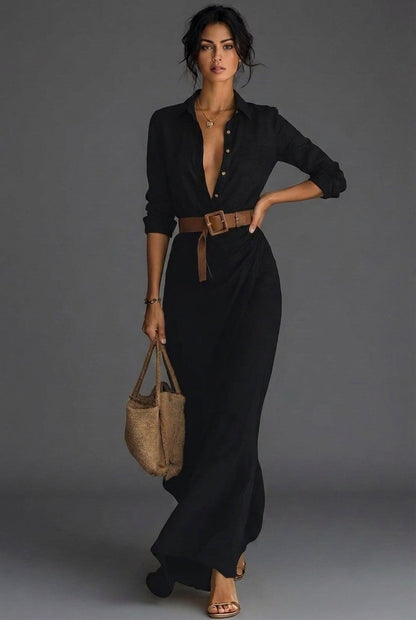 Effortless Maxi Dress for Women with V Neck Long Sleeve Belted Flowing Casual Style