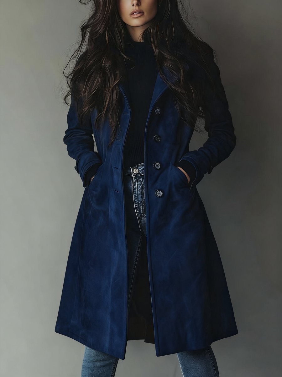 Elegant Suede Longline Coat for Women with Notch Lapel Long Sleeve Button Front Tailored Style