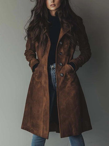 Elegant Suede Longline Coat for Women with Notch Lapel Long Sleeve Button Front Tailored Style