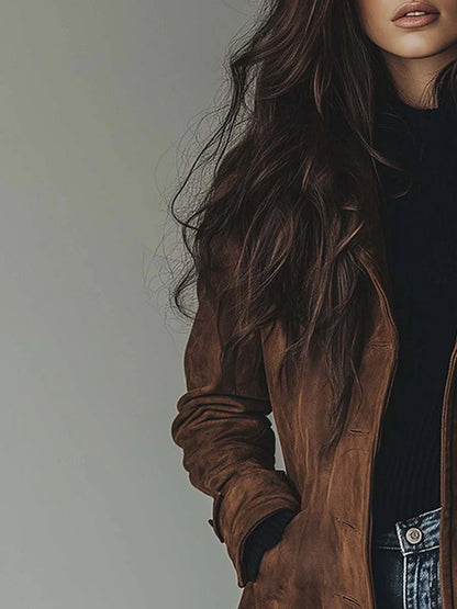 Elegant Suede Longline Coat for Women with Notch Lapel Long Sleeve Button Front Tailored Style
