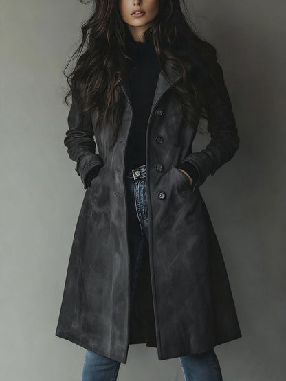 Elegant Suede Longline Coat for Women with Notch Lapel Long Sleeve Button Front Tailored Style