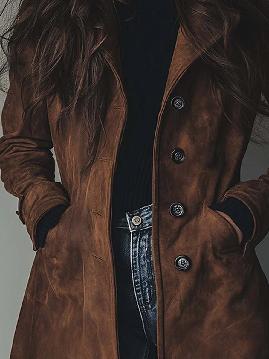 Elegant Suede Longline Coat for Women with Notch Lapel Long Sleeve Button Front Tailored Style
